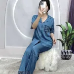 Đồ bộ quần dài pijama áo tay ngắn cổ bẻ màu trơn