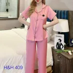 Đồ bộ quần dài pijama áo tay ngắn cổ bẻ màu trơn