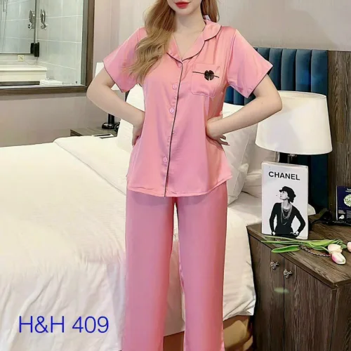 Đồ bộ quần dài pijama áo tay ngắn cổ bẻ màu trơn