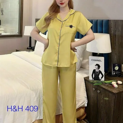 Đồ bộ quần dài pijama áo tay ngắn cổ bẻ màu trơn