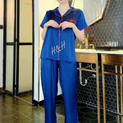 Đồ bộ quần dài pijama áo tay ngắn cổ bẻ màu trơn