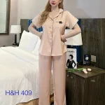 Đồ bộ quần dài pijama áo tay ngắn cổ bẻ màu trơn