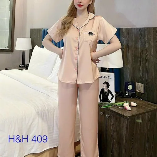Đồ bộ quần dài pijama áo tay ngắn cổ bẻ màu trơn