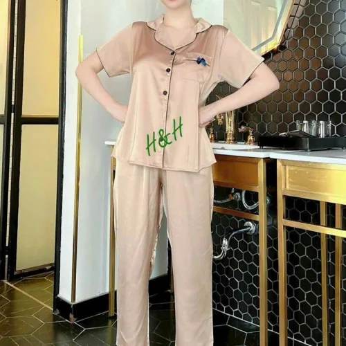 Đồ bộ quần dài pijama áo tay ngắn cổ bẻ màu trơn
