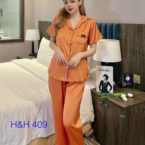 Đồ bộ quần dài pijama áo tay ngắn cổ bẻ màu trơn