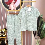 Đồ bộ quần dài pijama tay ngắn cổ bẻ hoạ tiết