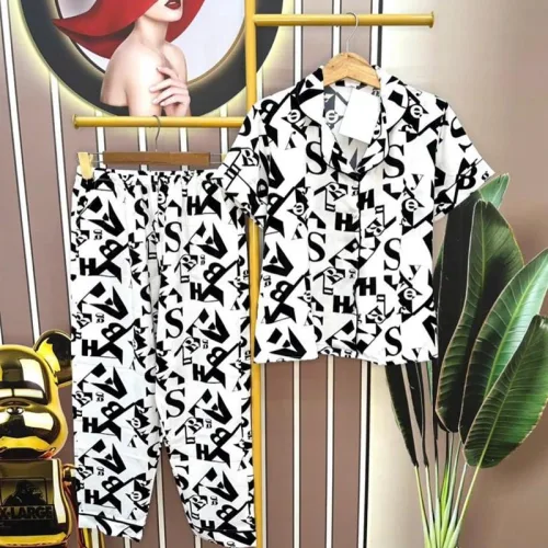Đồ bộ quần dài pijama tay ngắn cổ bẻ hoạ tiết