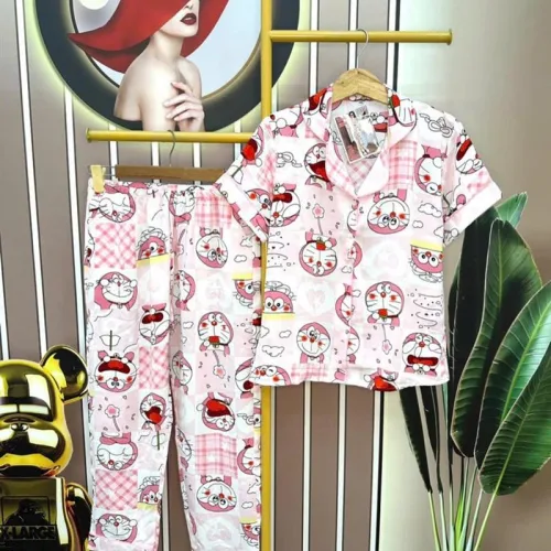 Đồ bộ quần dài pijama tay ngắn cổ bẻ hoạ tiết