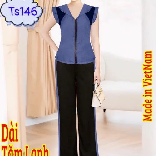 đồ bộ quần dài tăm lạnh phối Jean áo cổ bẻ sen