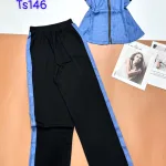 đồ bộ quần dài tăm lạnh phối Jean áo cổ bẻ sen