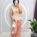 Đồ bộ quần dài trơn áo dây cổ vuông hoạ tiết