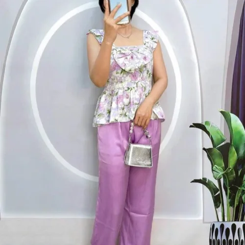 Đồ bộ quần dài trơn áo dây cổ vuông hoạ tiết