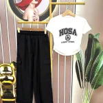 Đồ bộ quần dài túi hộp áo crop in chữ