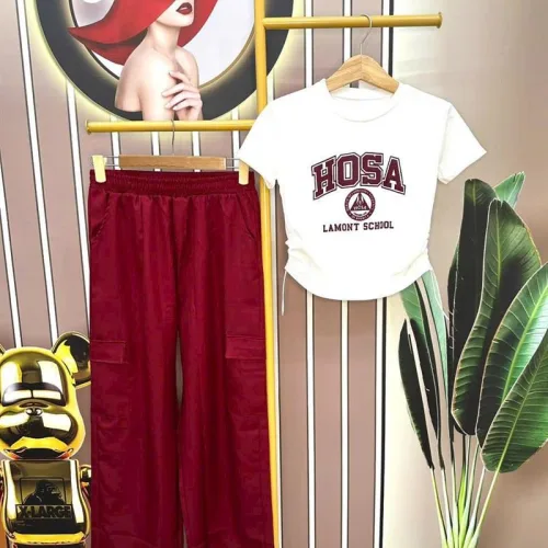 Đồ bộ quần dài túi hộp áo crop in chữ