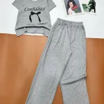 đồ bộ quần dài vải tiêu lông thỏ áo hình nơ