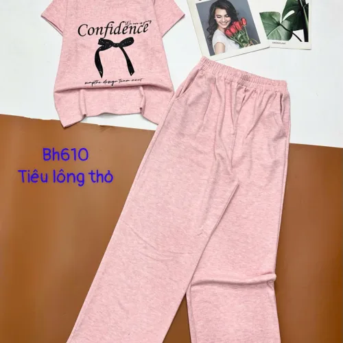 đồ bộ quần dài vải tiêu lông thỏ áo hình nơ