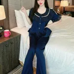 Đồ bộ quần dài viền bèo áo tay ngắn bèo cổ viền bèo màu trơn