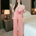 Đồ bộ quần dài viền bèo áo tay ngắn bèo cổ viền bèo màu trơn