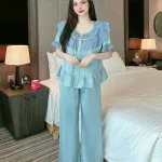 Đồ bộ quần dài viền bèo áo tay ngắn bèo cổ viền bèo màu trơn