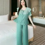 Đồ bộ quần dài viền bèo áo tay ngắn bèo cổ viền bèo màu trơn