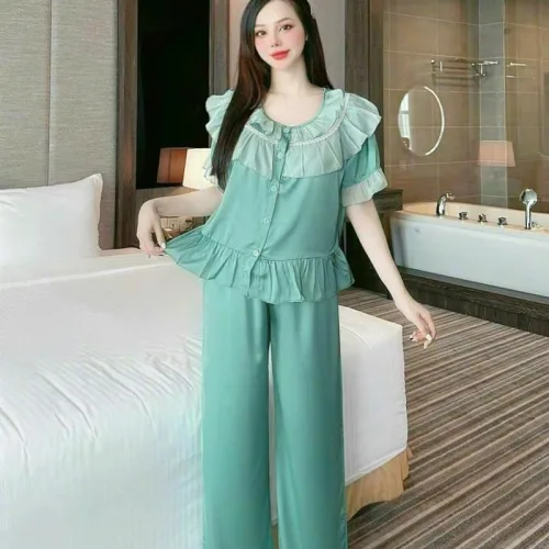Đồ bộ quần dài viền bèo áo tay ngắn bèo cổ viền bèo màu trơn