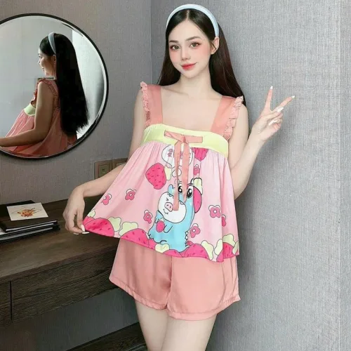 Đồ bộ quần đùi áo 2 dây hoạ tiết cute mặc nhà