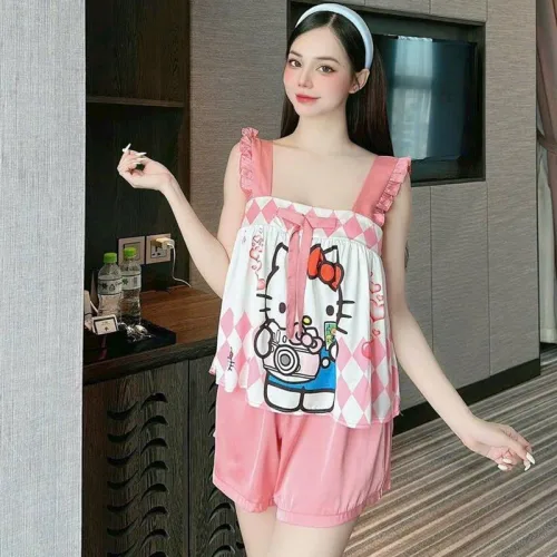 Đồ bộ quần đùi áo 2 dây hoạ tiết cute mặc nhà