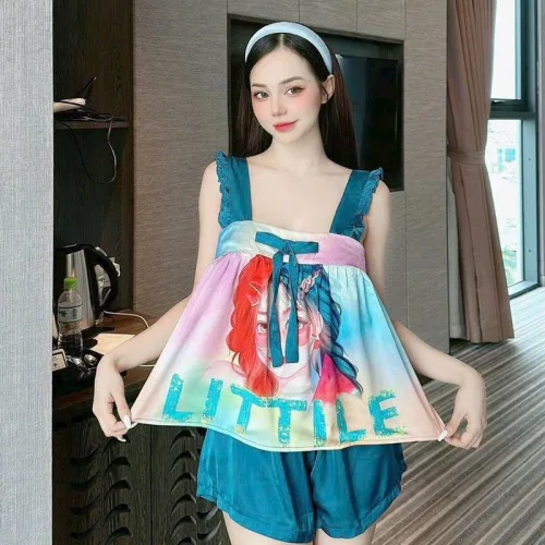 Đồ bộ quần đùi áo 2 dây hoạ tiết cute mặc nhà