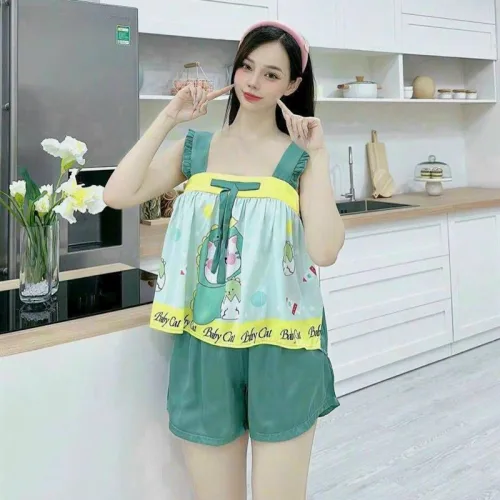Đồ bộ quần đùi áo 2 dây hoạ tiết cute mặc nhà