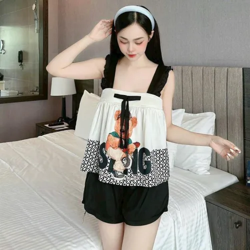 Đồ bộ quần đùi áo 2 dây hoạ tiết cute mặc nhà