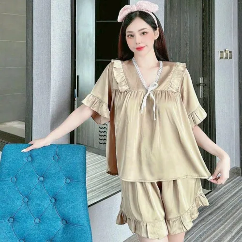 Đồ bộ quần đùi áo cổ v tay ngắn phồng màu trơn