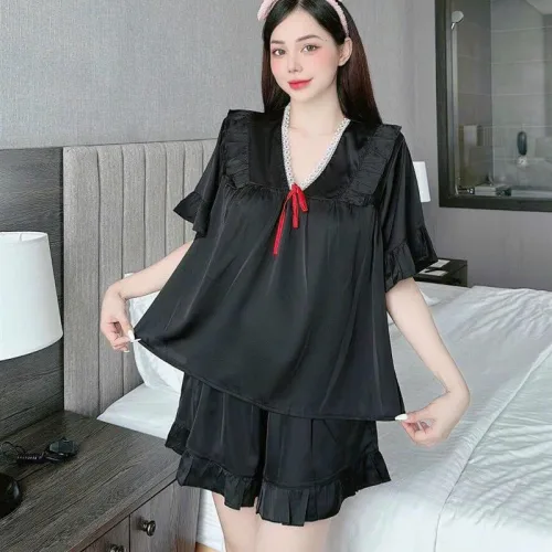 Đồ bộ quần đùi áo cổ v tay ngắn phồng màu trơn