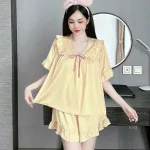 Đồ bộ quần đùi áo cổ v tay ngắn phồng màu trơn