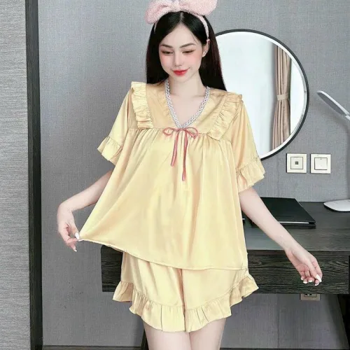 Đồ bộ quần đùi áo cổ v tay ngắn phồng màu trơn