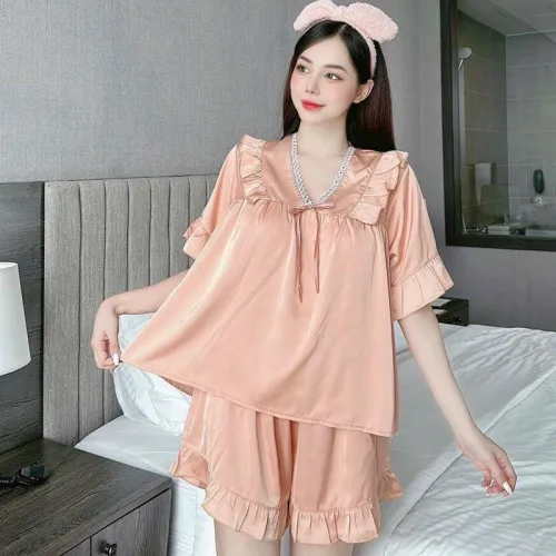 Đồ bộ quần đùi áo cổ v tay ngắn phồng màu trơn
