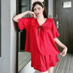 Đồ bộ quần đùi áo cổ v tay ngắn phồng màu trơn