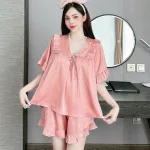 Đồ bộ quần đùi áo cổ v tay ngắn phồng màu trơn