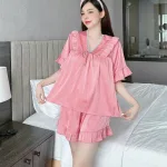 Đồ bộ quần đùi áo cổ v tay ngắn phồng màu trơn