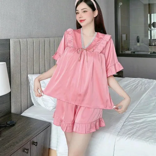 Đồ bộ quần đùi áo cổ v tay ngắn phồng màu trơn
