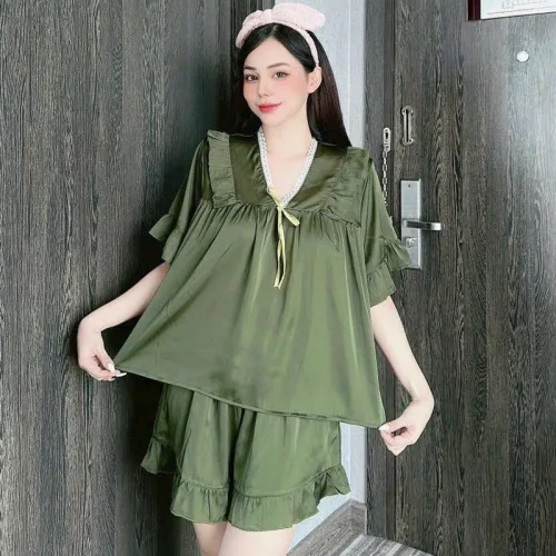 Đồ bộ quần đùi áo cổ v tay ngắn phồng màu trơn