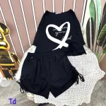 Đồ bộ quần đùi áo crop tay ngắn in hình trái tim