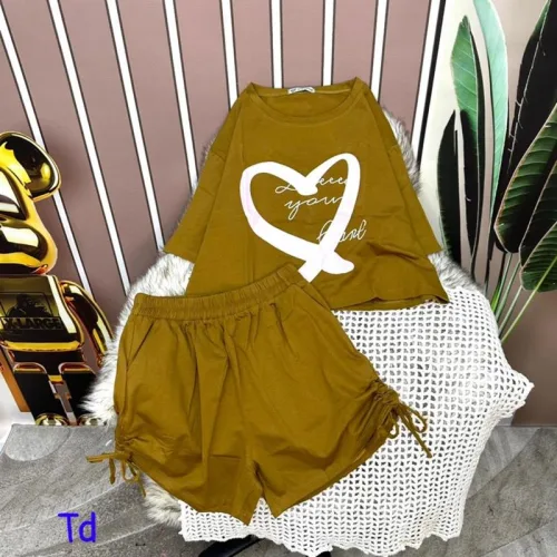 Đồ bộ quần đùi áo crop tay ngắn in hình trái tim