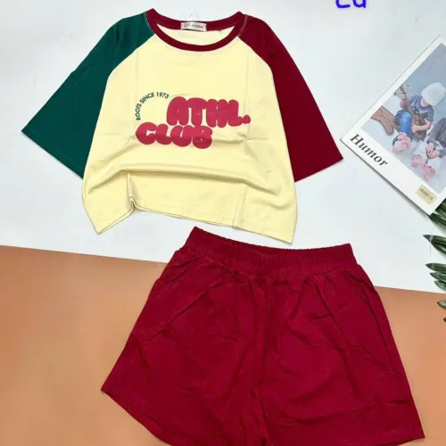 đồ bộ quần đùi áo crop top  tay ngắn in chữ club