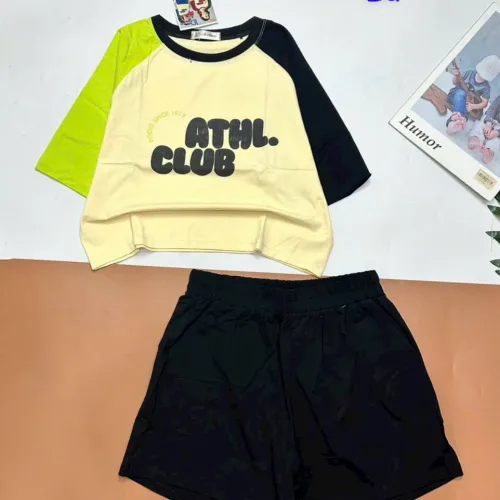 đồ bộ quần đùi áo crop top  tay ngắn in chữ club
