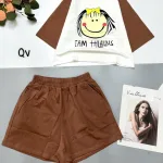 đồ bộ quần đùi áo crop top  tay ngắn in chữ i am happy