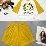 đồ bộ quần đùi áo crop top  tay ngắn in chữ i am happy