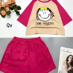 đồ bộ quần đùi áo crop top  tay ngắn in chữ i am happy