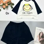 đồ bộ quần đùi áo crop top  tay ngắn in chữ i am happy