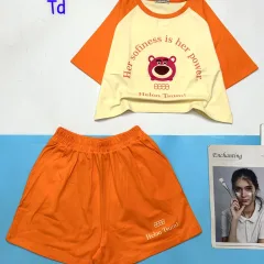 đồ bộ quần đùi áo crop top  tay ngắn in hình gấu