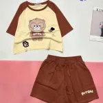 đồ bộ quần đùi áo crop top  tay ngắn in hình gấu đeo kính